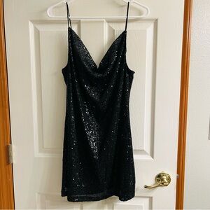 Shinestar black sequin mini dress spaghetti straps cowl neckline size medium
